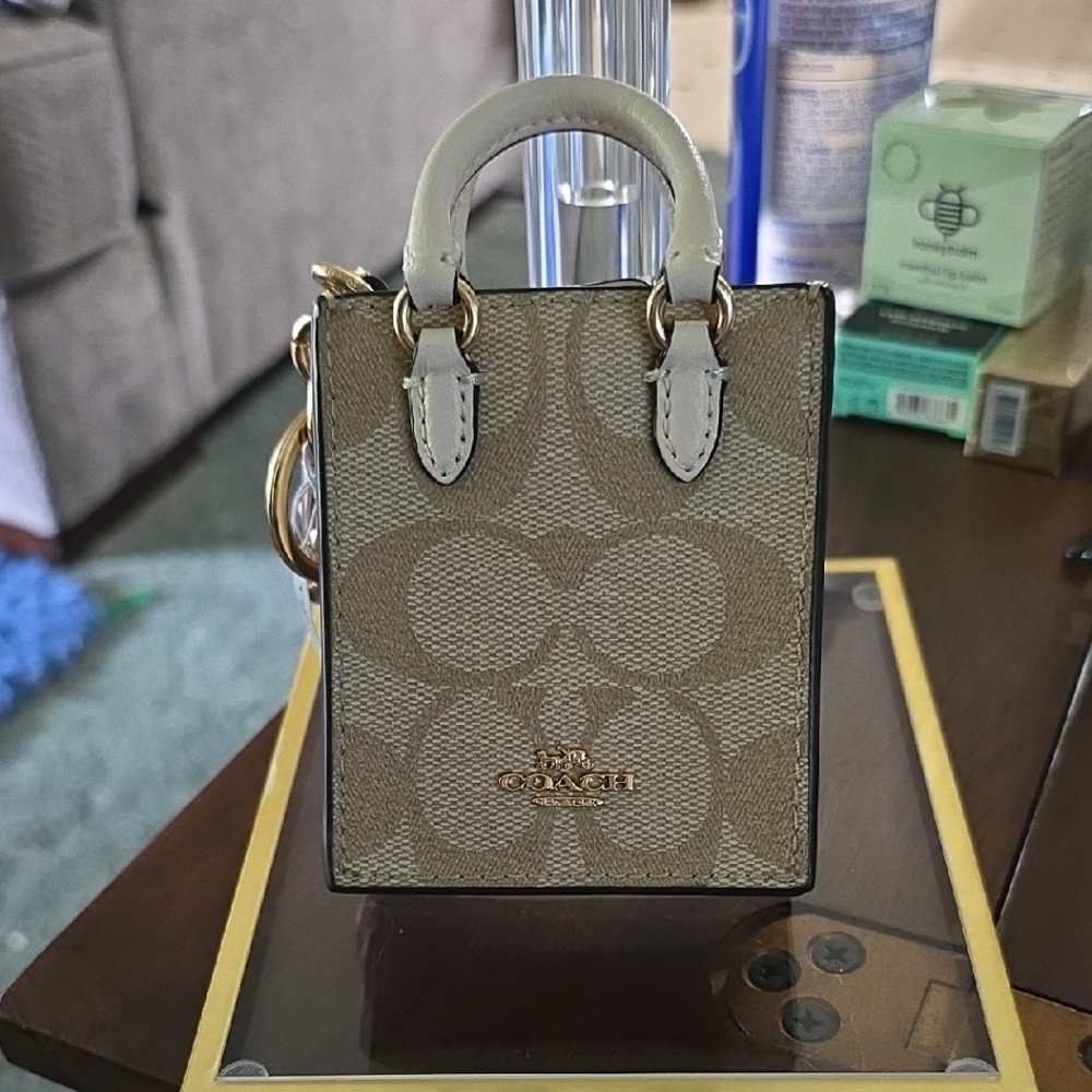 COACH Mini Tote Bag Charm in Neutral Signature Canvas with Cream Handles